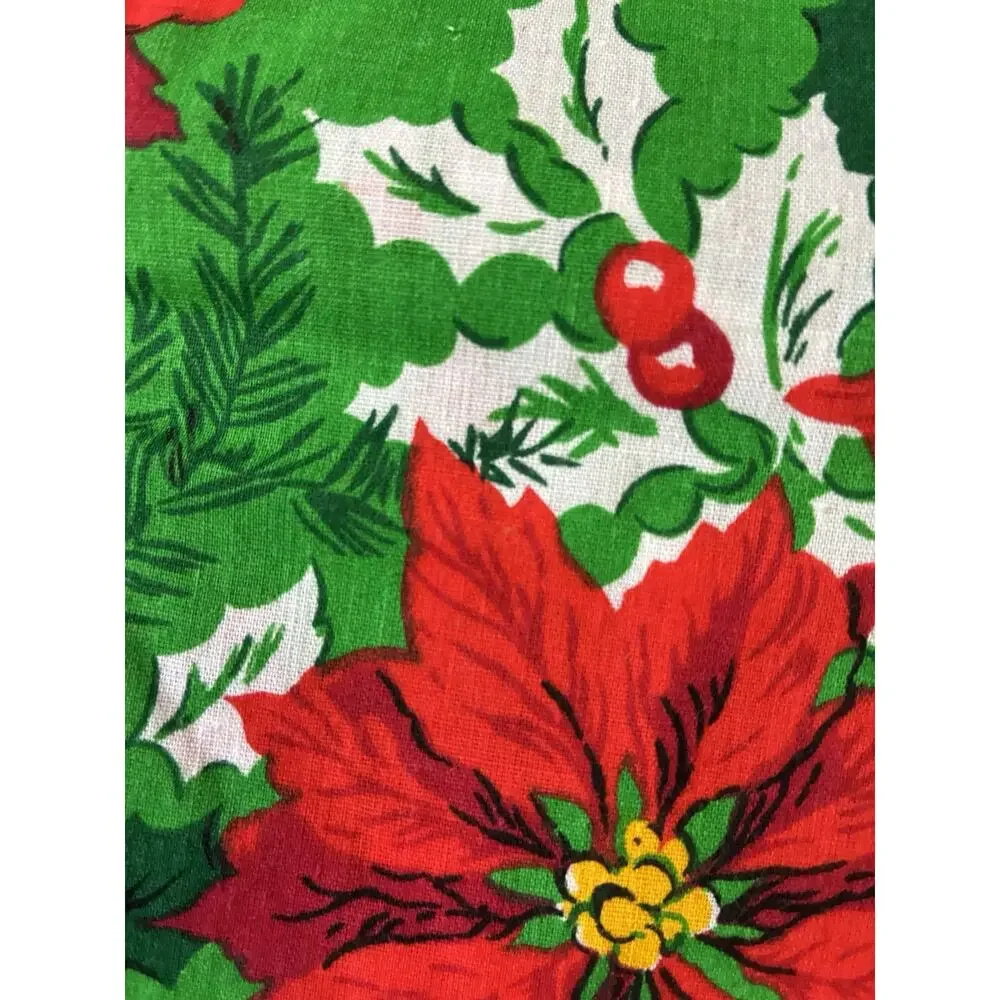 Vtg Christmas Fabric Poinsettia Green Red Holly 112x58 Cotton Uncut 3 Yds New